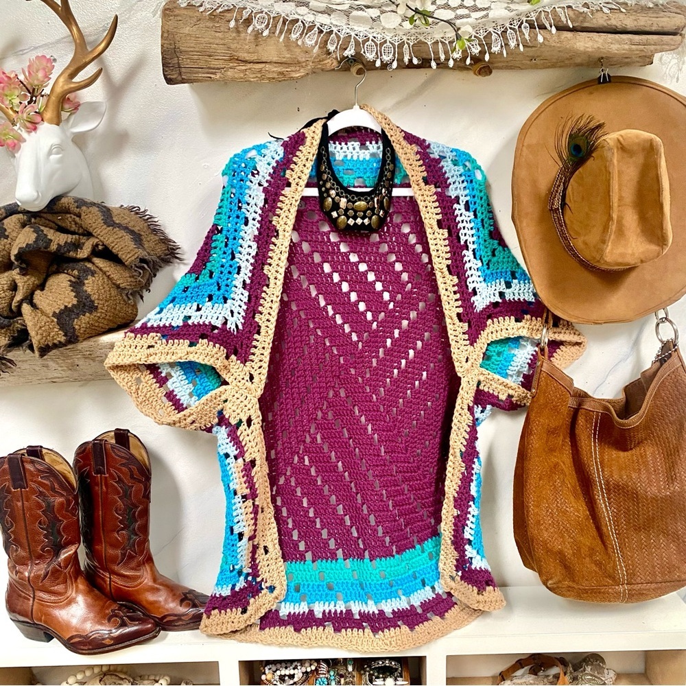 Vintage Multicolor Crochet Cardigan - Picture 2 of 8